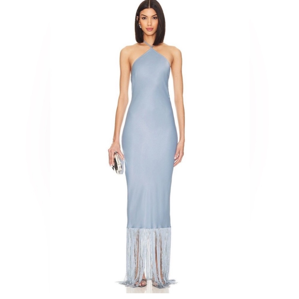 Camila Coelho Light Blue Halter Fringe Maxi Dress
